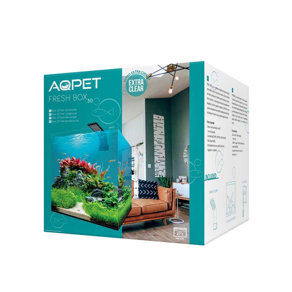 Aqpet - Fresh Box 30 - Acquario Extrachiaro cm30x30x30h completo di filtro e illuminazione