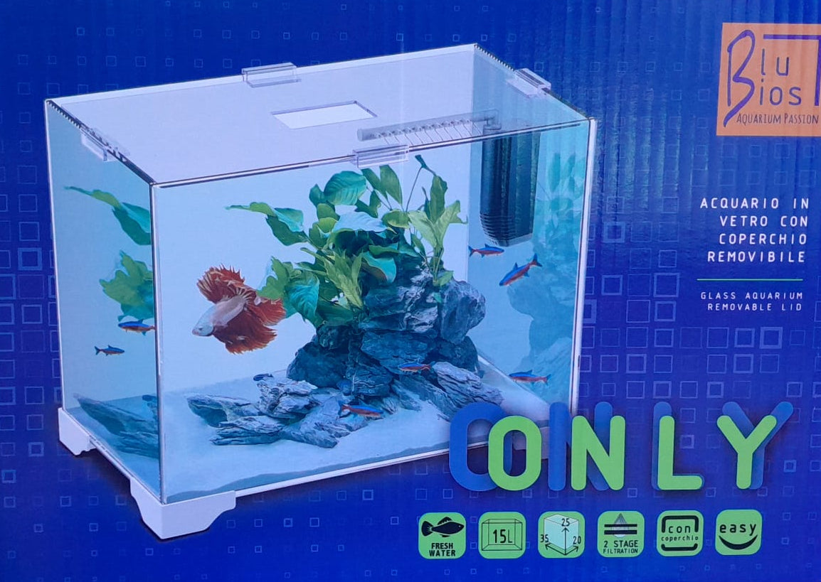 BluBios - Only Vasca Acquario in vetro con coperchio removibile e filtro 15 lt